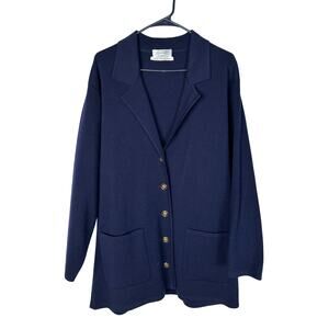 Neiman Marcus 16 Cerruti Alpinit Long Cardigan Sweater 100% Swiss Wool Navy Blue